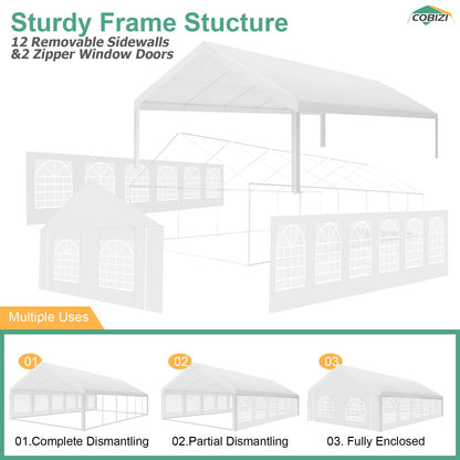 COBIZI 20x40FT Party Tent Heavy Duty, Wedding Tent, Event Tent for Parties, with 8 Removable Sidewalls, 20x40 Tent with Built-in Sandbag, Carpas Para Fiestas, Waterproof, White