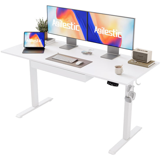 Agilestic Adjustable Height Electric Standing Desk with Storage Wooden Drawer, 55 x 24 Inches Stand Up Home Office Computer Gaming Table with Splice Board for Work Office Home, White