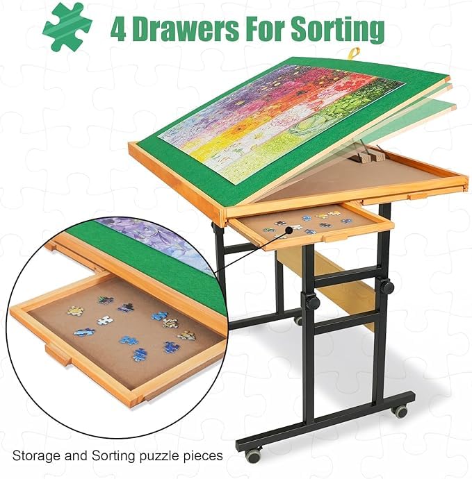 ALL4JIG 1500 Piece Jigsaw Puzzle Table with Legs,25"x34"Adjustable Puzzle Tables for Adults, 3-Tilting-Angle Portable Wooden Jigsaw Puzzle Board Portable with 4 Drawers & Cover Birthday Gift for mom