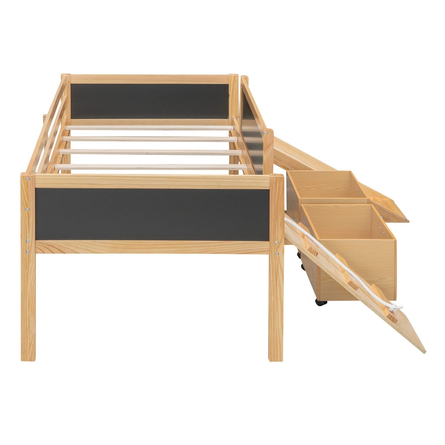 Harper & Bright Designs Low Loft Bed with Slide, Wood Twin Loft Bed for Kids, Loft Bed Twin with 2 Toy Boxes, Chalkboard and Climbing Frame, Junior Loft Bed Frame for Girls Boys (Twin, Natural)