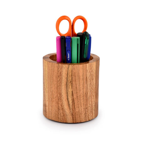 NIRMAN Acacia Wood Pencil/Pen Holder for desk, Round Desktop Organizer for Desk Multi Purpose Use for Home School Office Supplies (4" x 4" x 4") NIRMAN