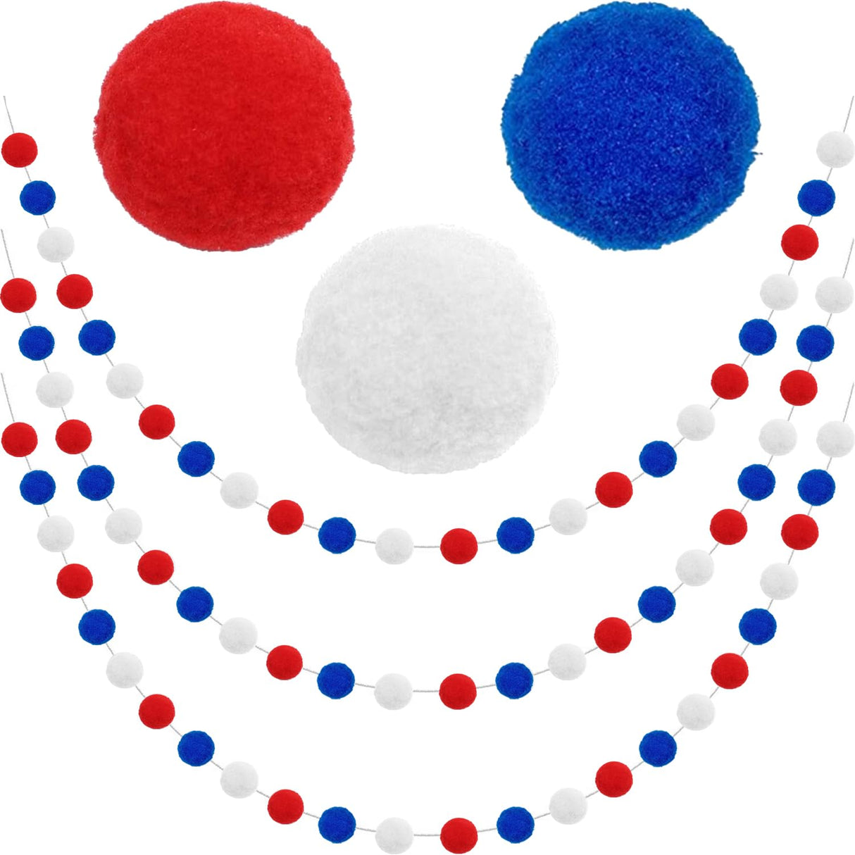 Jishi Pom Pom Garland 4th of July Decorations, Patriotic Red White Blue Felt Ball Garland, 3-Pack 6.6ft Long 24 Cute Pompom Balls String, Christmas Tree Decor Ornaments for Home Birthday Holiday Party Jishi