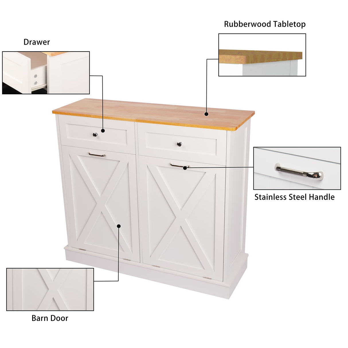 Betterhood Double Tilt Out Trash Cabinet Can Bin Kitchen 20 Gallon Wooden Free Standing Laundry Sorter,Recycling Cabinet with Hideaway Drawer, (White) Betterhood