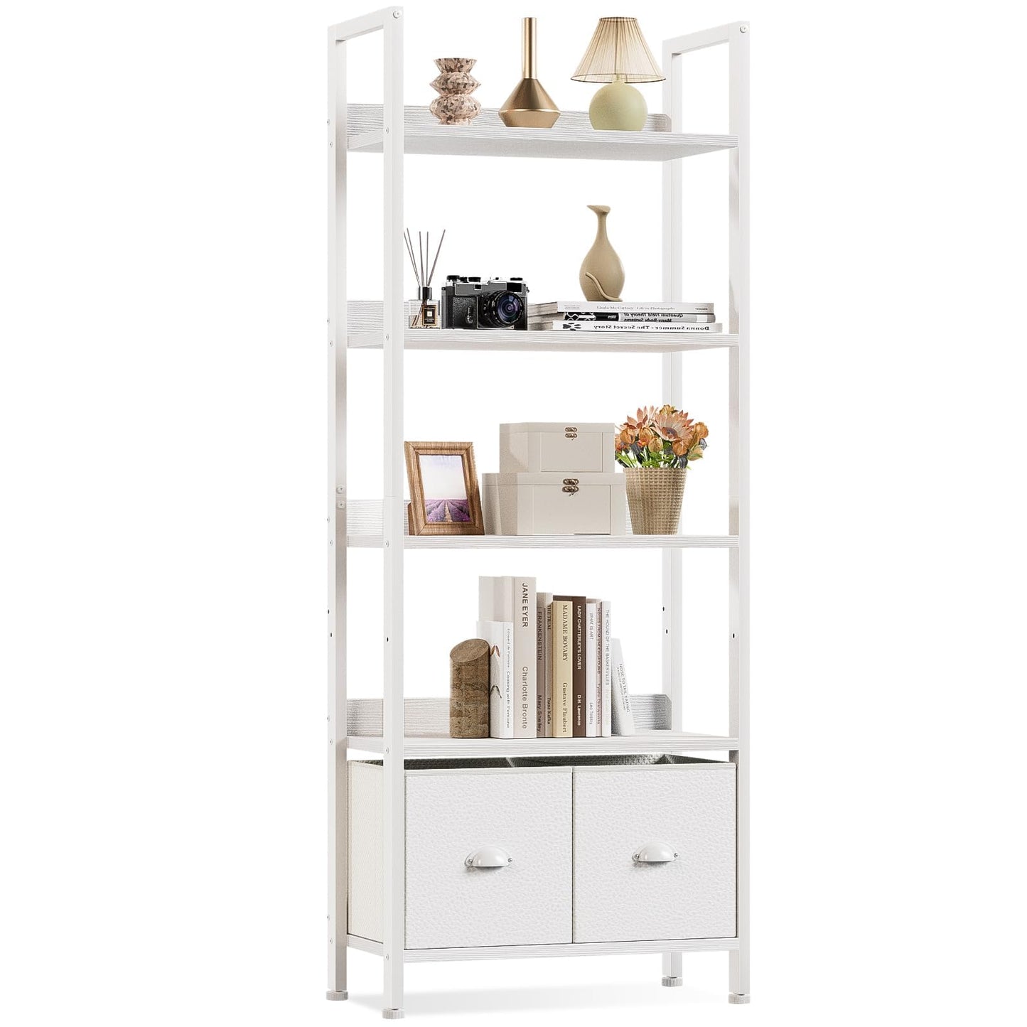 Furologee 5 Tier Bookshelf with Drawers, White Tall Bookcase with Shelves, Wood and Metal Book Shelf Storage Organizer, Modern Display Free Standing Shelf Unit for Bedroom, Living Room, Office