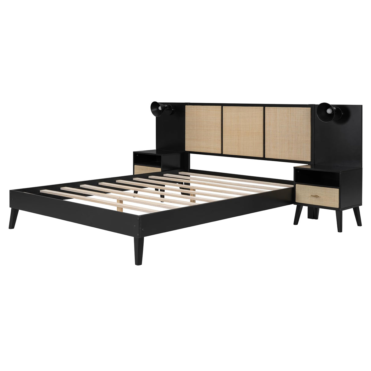 Queen Size Platform Bed Frame with 2 Nightstands, Wooden Queen Bed Frame with Lamps, Elegant Design, Rattan and Wood Combination, Black Harper & Bright Designs