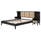 Queen Size Platform Bed Frame with 2 Nightstands, Wooden Queen Bed Frame with Lamps, Elegant Design, Rattan and Wood Combination, Black Harper & Bright Designs