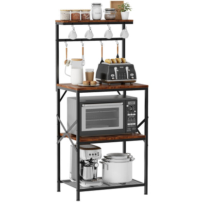 Korfile Kitchen Bakers Rack with Storage Shelves, Small Coffee Bar Table with 8 Hooks, 4 Tiers Microwave Stand Station with Adjustable Shelves, Freestanding Kitchen Appliance Organizer, Rustic Brown