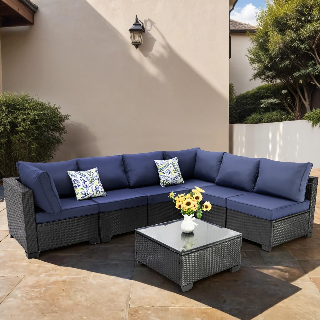 OUGMMGOU 7 Piece Patio Furniture Set, All-Weather Wicker Outdoor Conversation Set with Sectional Sofa, Rattan PE Wicker Seating, Glass Coffee Table, and Cushions (Coffee-Dark blue, Z7) OUGMMGOU