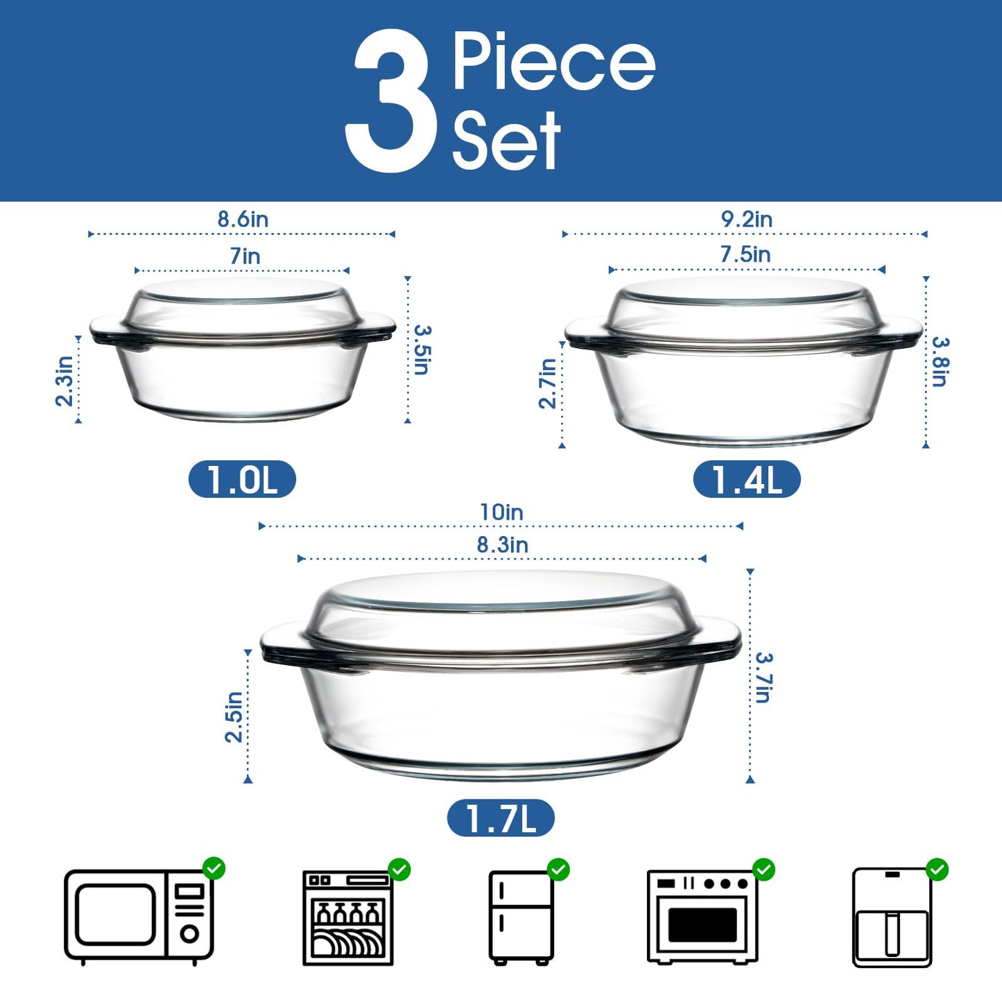 ZYER Round Glass Casserole Dish Set, Glass Casseroles Cookware with Glass Lid, Glass Casserole Dish With Lid(Set of 3-1L+1.4L+1.7L)