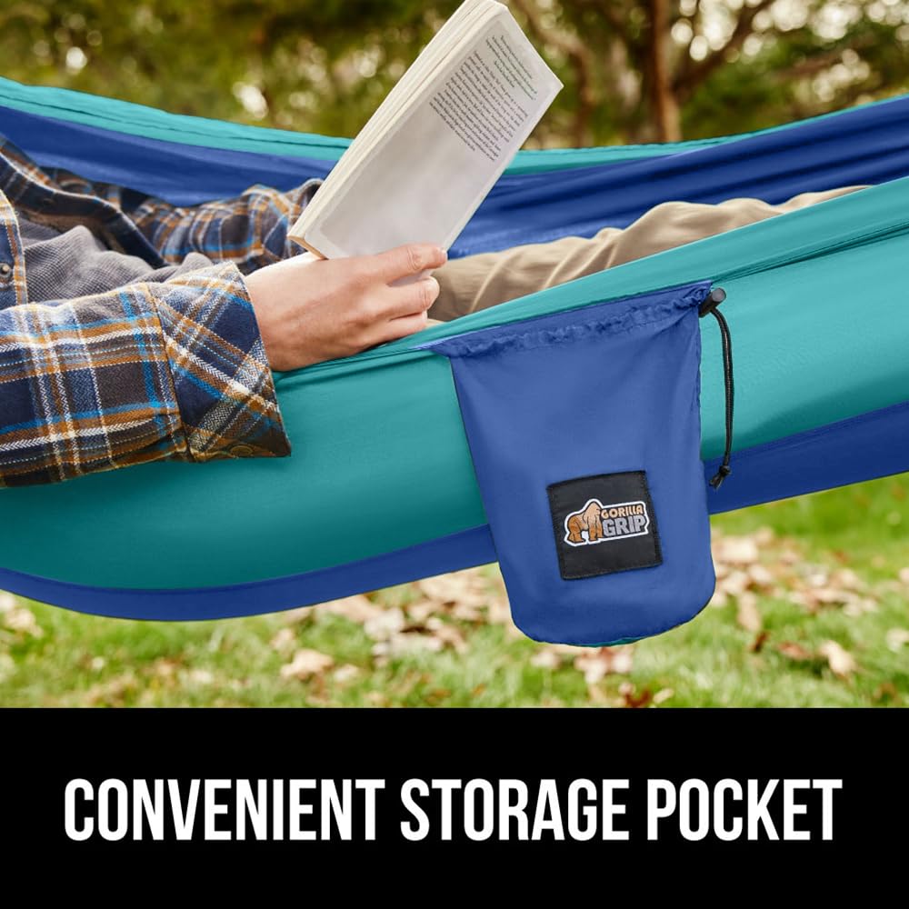 GORILLA GRIP Durable Portable Camping Hammock, Holds 400lbs with Heavy Duty Tree Straps, Comfortable Travel Swing, Camp Hammocks, Easy to Use and Install, Outdoor Essentials, Blue, 9x4.5 FT GORILLA GRIP