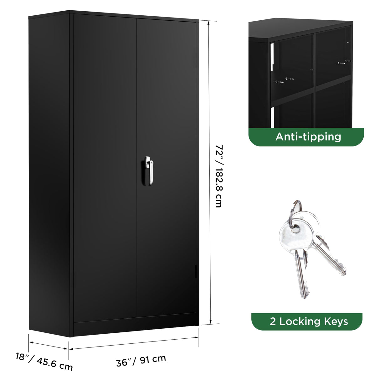 Greenvelly Metal Storage Cabinet, 72" Black Locking Metal Garage Storage Cabinet with Doors and 4 Adjustable Shelves, Lockable Steel Cabinet for Home Office, Garage, Shop, School (36" W x 18" D) Greenvelly