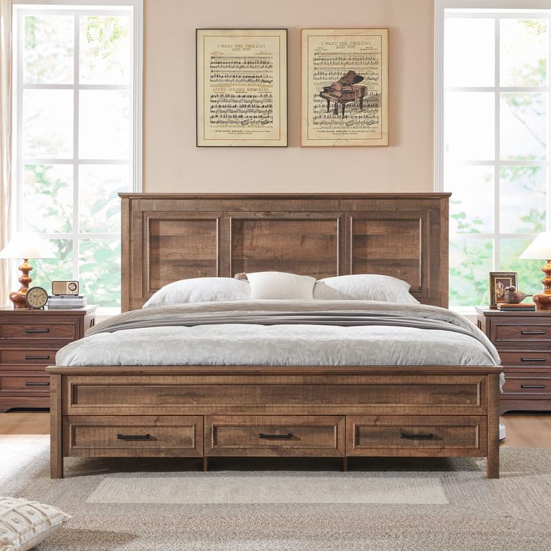 ACCOHOHO Rustic King Size Bed Frame with 52" Tall Headboard and Hidden Storage Drawers, Light Brown ACCOHOHO