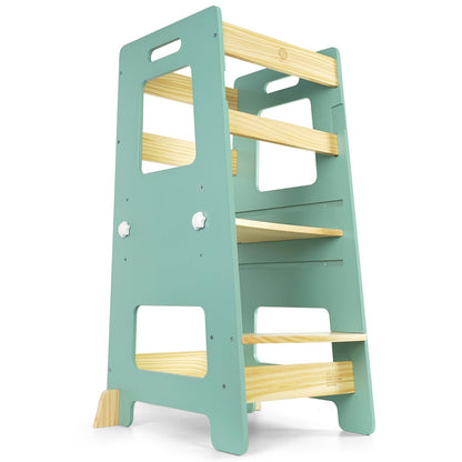 WOOD CITY Kitchen Step Stool - Safe Montessori Standing Tower for Kids with Safety Rail, Height Adjustable Toddler Ideal Helper for Learning New Skills, Anti-Slip Protection for Bathroom - Green…