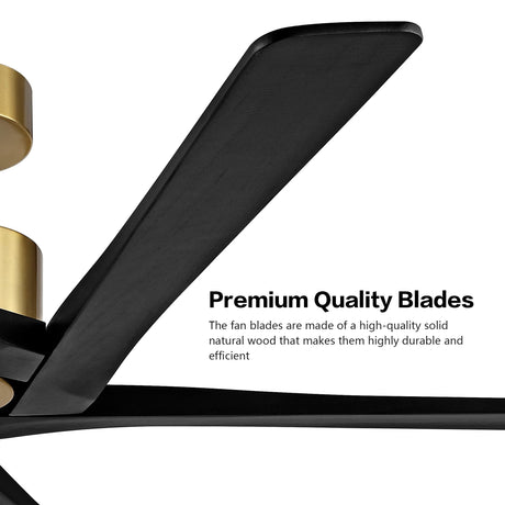 WINGBO 54 Inch DC Ceiling Fan without Lights, 5 Reversible Carved Solid Wood Blades, 6-Speed Noiseless DC Motor, Ceiling Fan No Light with Remote, Brass Finish with Black Blades, ETL Listed WINGBO