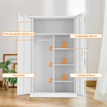 MIIIKO Steel Wardrobe, 72" Combination Storage Cabinet with Clothes Rod and 4 Shelves Organizer Storage, 2 Lockable Doors, for Office Home, Garage, - WoodArtSupply