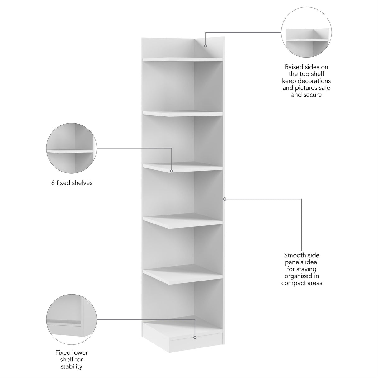 Bush Home Universal 15W Tall Corner Bookshelf in White, 6 Shelf Narrow Bookcase for Home Office Storage or Living Room Organization Bush Home