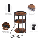 Small Round Side Table with Charging Station for Small Spaces, 3-Tier Round Accent Table with USB Ports & Power Outlets, Round Corner Table Tea Sofa Side Table for Living Room Bedroom (Rustic Brown) ZEXVIDA