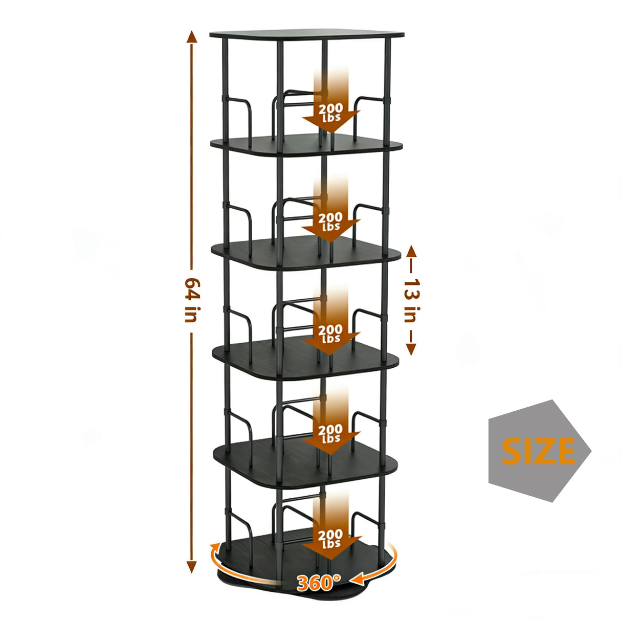 Lauxery 5 Tier Rotating Bookshelf, 360° Spinning Bookshelf Tower,Space Saving Floor Standing Corner Storage Organizer for Small Spaces, Square Revolving Bookcase for Home Office Living Room, Black Lauxery