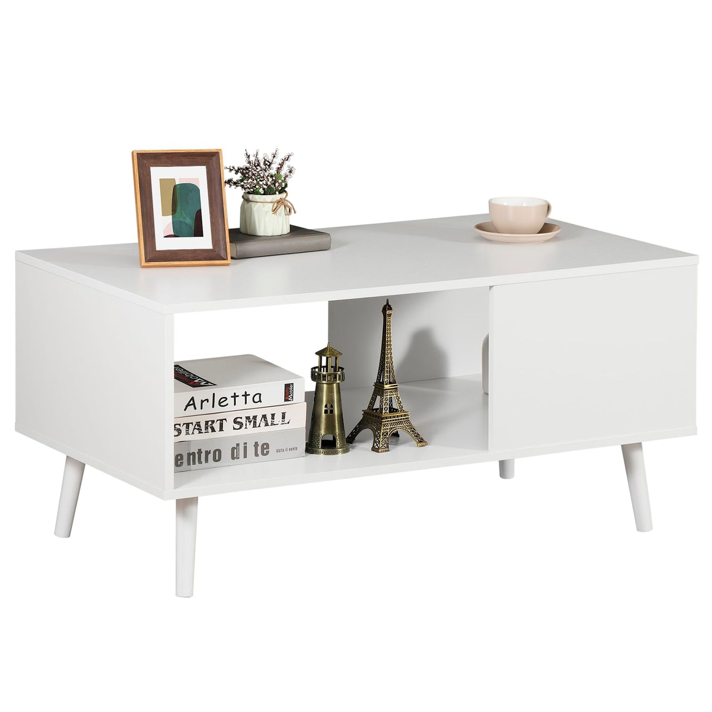 ZenStyle Mid Century Modern Coffee Table, Wooden Retro Coffee Table with Open Storage Shelf for Living Room, Reception, Easy Assembly (White)