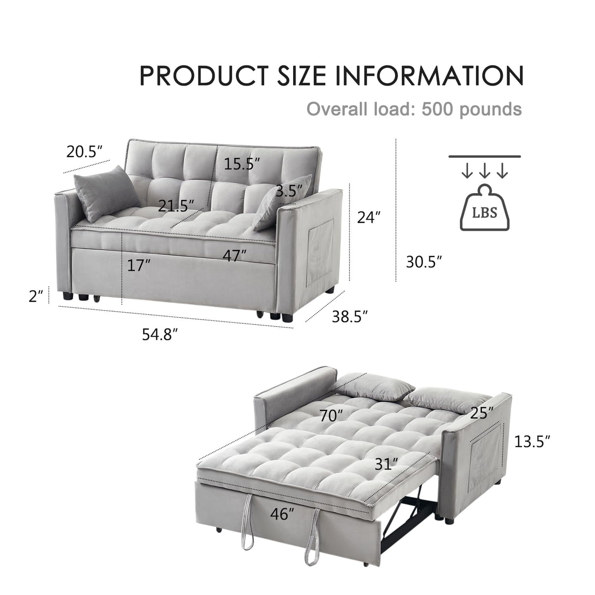 FENFSHE Futon Sofa Bed, Modern Velvet 3 in 1 Sleeper Sofa Couch Bed, Pullout Couch Bed with Adjustable Backrest, Storage Pockets and Toss Pillows for Living Room, Bedroom (Grey) FENFSHE