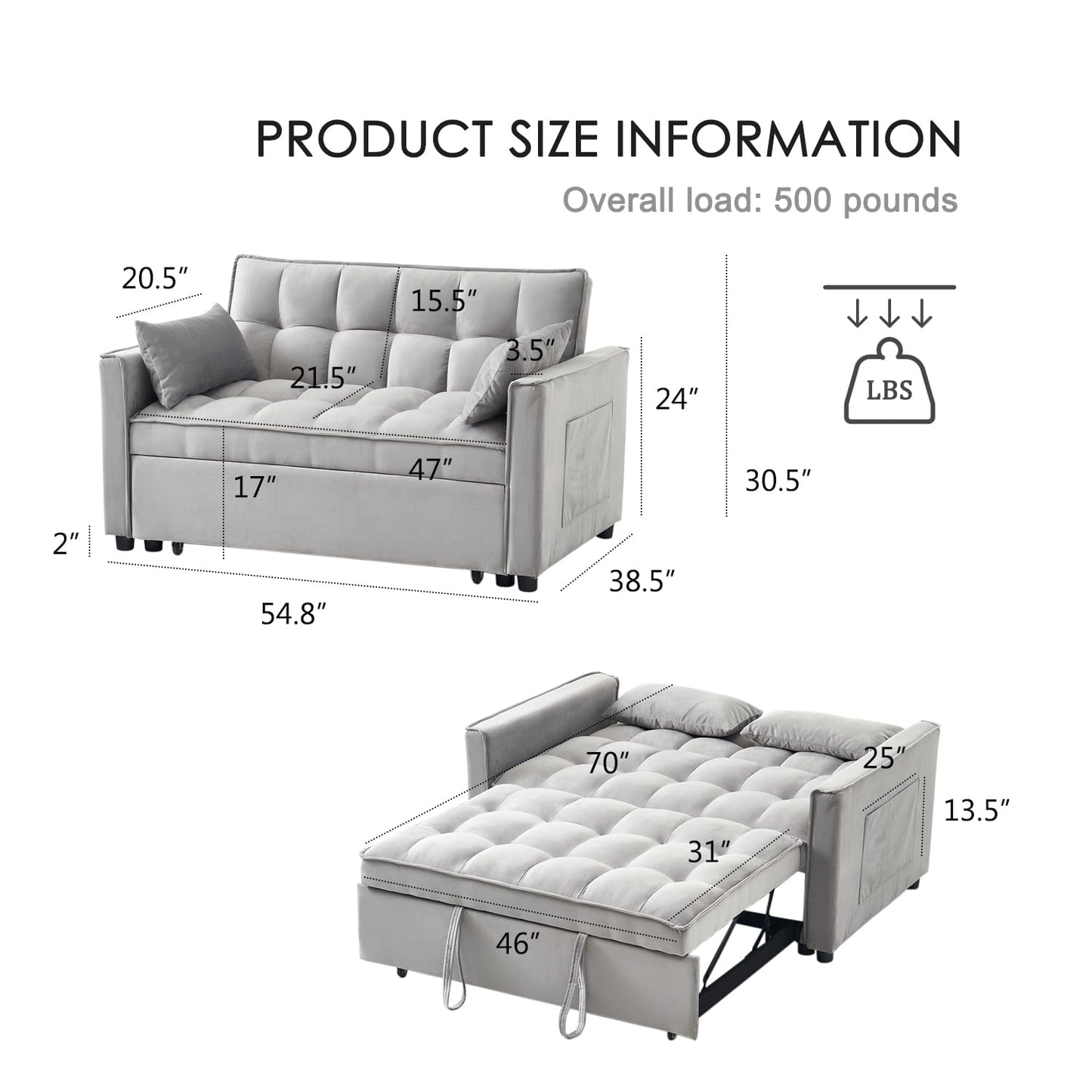 FENFSHE Futon Sofa Bed, Modern Velvet 3 in 1 Sleeper Sofa Couch Bed, Pullout Couch Bed with Adjustable Backrest, Storage Pockets and Toss Pillows for Living Room, Bedroom (Grey)