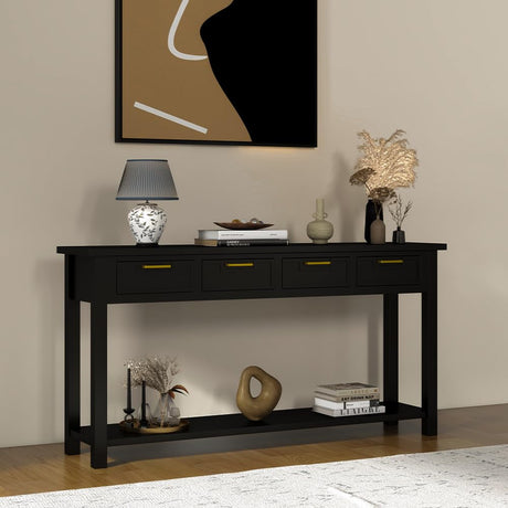 HLXZN Console Table for Entryway, 60 Inch Sofa Table w/4 Drawers and Bottom Shelf Narrow Long Hallway Table for Living Room Entryway Home, Black HLXZN