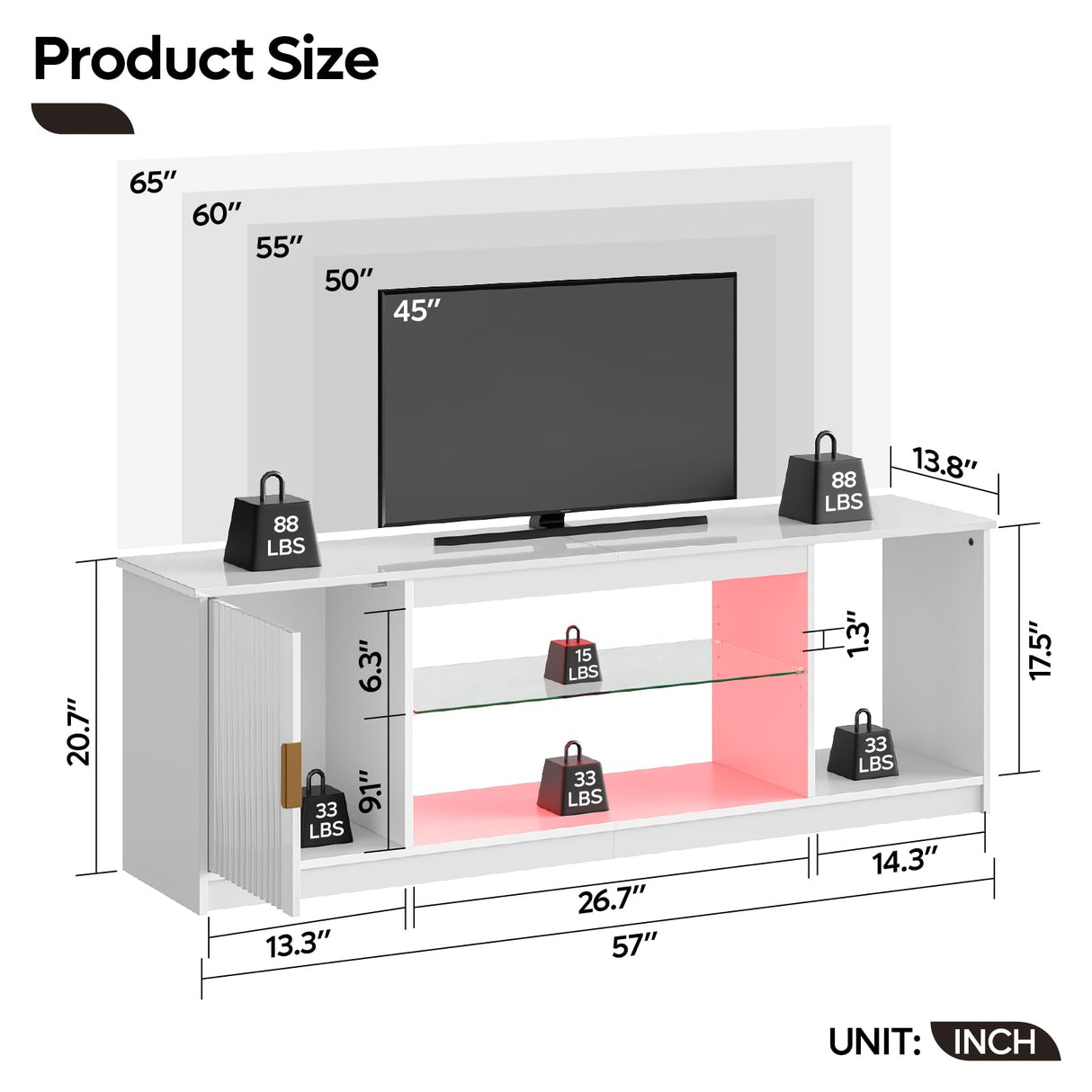 Bestier LED TV Stand for 55/60/65 Inch TV, Gaming Entertainment Center with Cabinet for PS5, Xbox, Fluted TV Console with Adjustable Glass Shelves for Living Room, Bedroom 57 Inch,Bright White Bestier