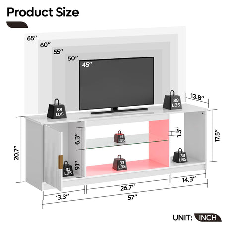 Bestier LED TV Stand for 55/60/65 Inch TV, Gaming Entertainment Center with Cabinet for PS5, Xbox, Fluted TV Console with Adjustable Glass Shelves for Living Room, Bedroom 57 Inch,Bright White Bestier