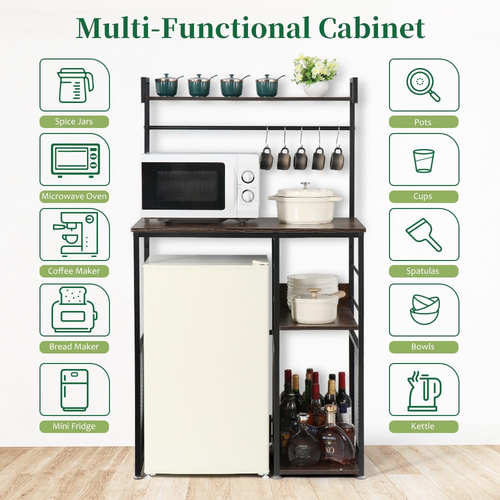 AGESISI 4-Tier Mini Fridge Cabinet Microwave Stand with Storage, 22.8"D x 35"W x 60.9"H Bakers Rack Shelf with 5 S-Shaped Hooks, Freestanding Coffee Bar Organizer for Kitchen Dorm Home, Rustic Brown AGESISI