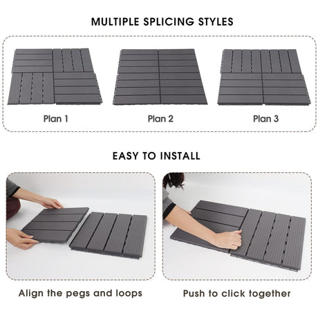 Interlocking Deck Tiles, 12 PCS 12” x 12” Patio Tiles Waterproof Plastic Outdoor Flooring Covering All Weather for Walkway Front Porch Poolside Balcony Backyard, Gray kubvici
