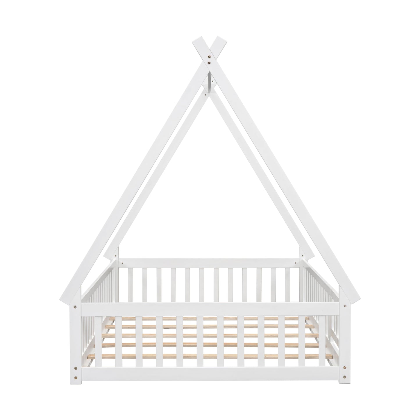 Full Size Teepee Tent Floor Bed with Guardrails & Door for Kids - White Wood Montessori Frame - WoodArtSupply