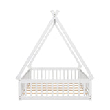 Full Size Teepee Tent Floor Bed with Guardrails & Door for Kids - White Wood Montessori Frame Bellemave