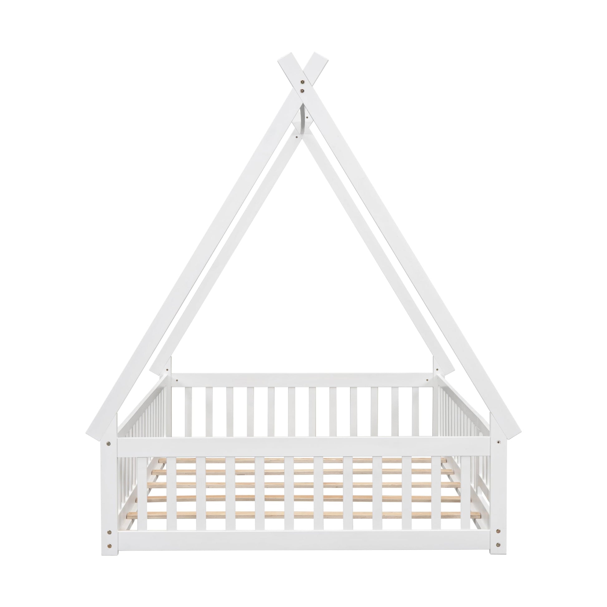 Full Size Teepee Tent Floor Bed with Guardrails & Door for Kids - White Wood Montessori Frame - WoodArtSupply