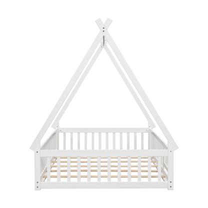 Full Size Teepee Tent Floor Bed with Guardrails & Door for Kids - White Wood Montessori Frame - WoodArtSupply