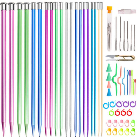 tchrules 64pcs Knitting Needle Set 20pcs Aluminum Knitting Needles Set Colored Straight Single Pointed Knitting Needles Size 3-10mm 13.7inch for Handmade DIY Knitting with Knitting Accessories tchrules