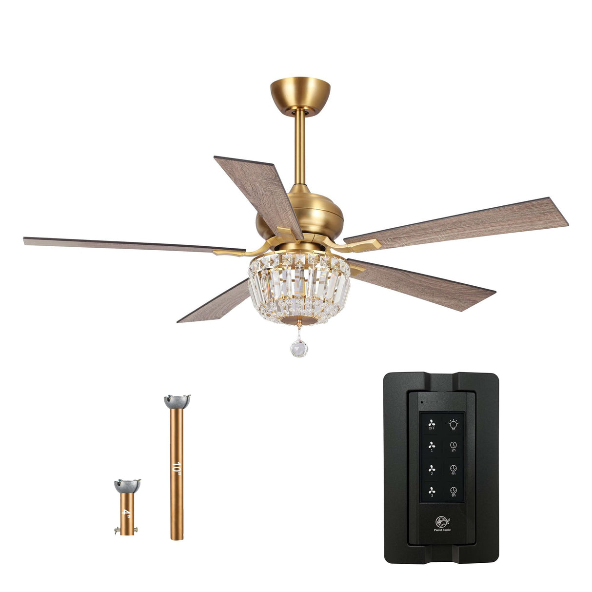 Gold Ceiling Fans with Lights and Remote, 52 Inch Ceiling Fan for Bedroom Living Room, Crystal Chandelier Outdoor Ceiling Fans with LED Light, Reversible 5 Blades, Ventilador de Techo con Luz Parrot Uncle