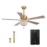 Gold Ceiling Fans with Lights and Remote, 52 Inch Ceiling Fan for Bedroom Living Room, Crystal Chandelier Outdoor Ceiling Fans with LED Light, Reversible 5 Blades, Ventilador de Techo con Luz Parrot Uncle