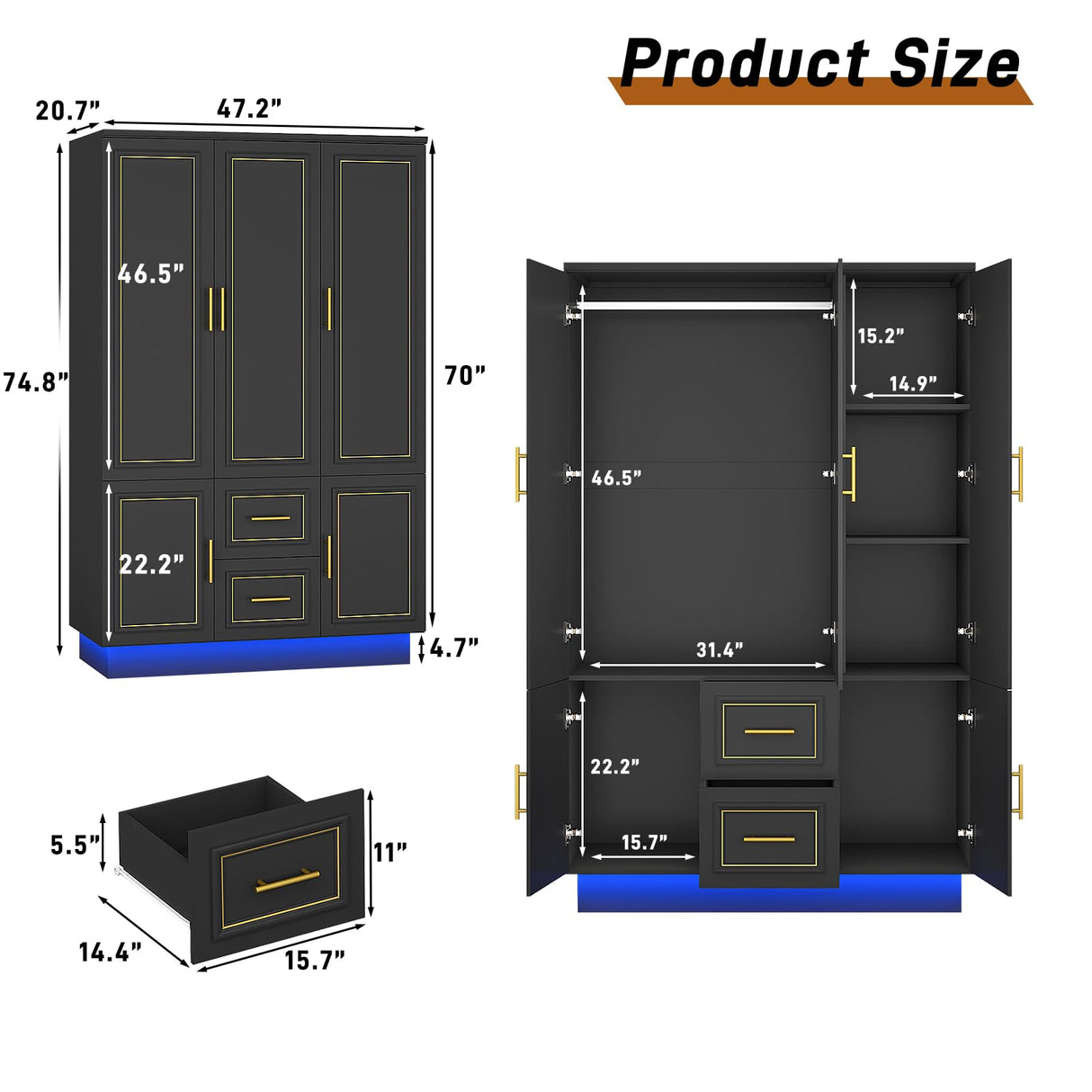Hlivelood 75” Tall 3 Doors Armoire Wardrobe Closet with 2 Drawers and LED Lights, Modern Closet Wardrobe Cabinet with Shelves and Hanging Rod, Freestanding Wooden Armoire for Bedroom, Black Hlivelood