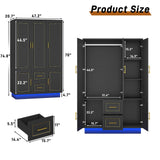 Hlivelood 75” Tall 3 Doors Armoire Wardrobe Closet with 2 Drawers and LED Lights, Modern Closet Wardrobe Cabinet with Shelves and Hanging Rod, Freestanding Wooden Armoire for Bedroom, Black Hlivelood