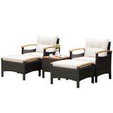 Tangkula 5 Piece Patio Furniture Set, Patiojoy Outdoor Conversation Set w/Seat & Back Cushions, Coffee Table & 2 Ottomans, Acacia Wood Tabletop & Armrests, Wicker Sofa Set for Backyard, Poolside Tangkula