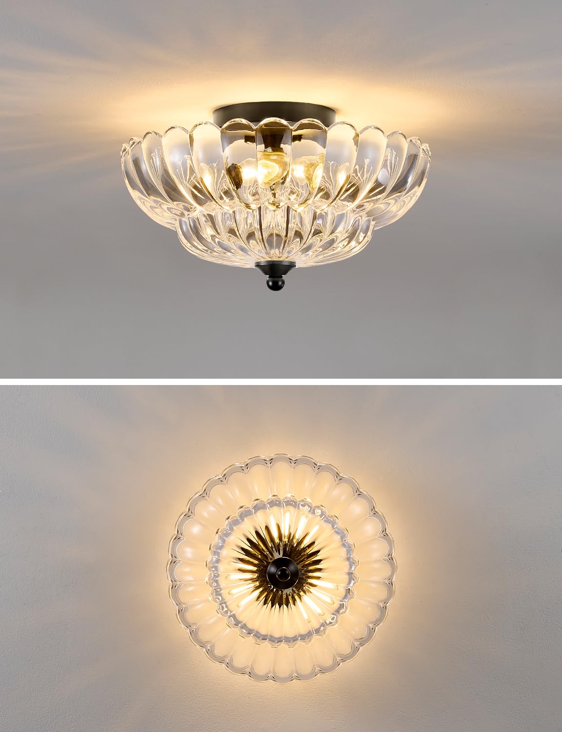 Semi Flush Mount Ceiling Light, Crystal Glass Ceiling Light Fixture, 3-Bulb Modern Black Close to Ceiling Light, Vintage Glass Ceiling Lights for Bedroom Kitchen Living Room, Bulb Not Included SIJINCHEN