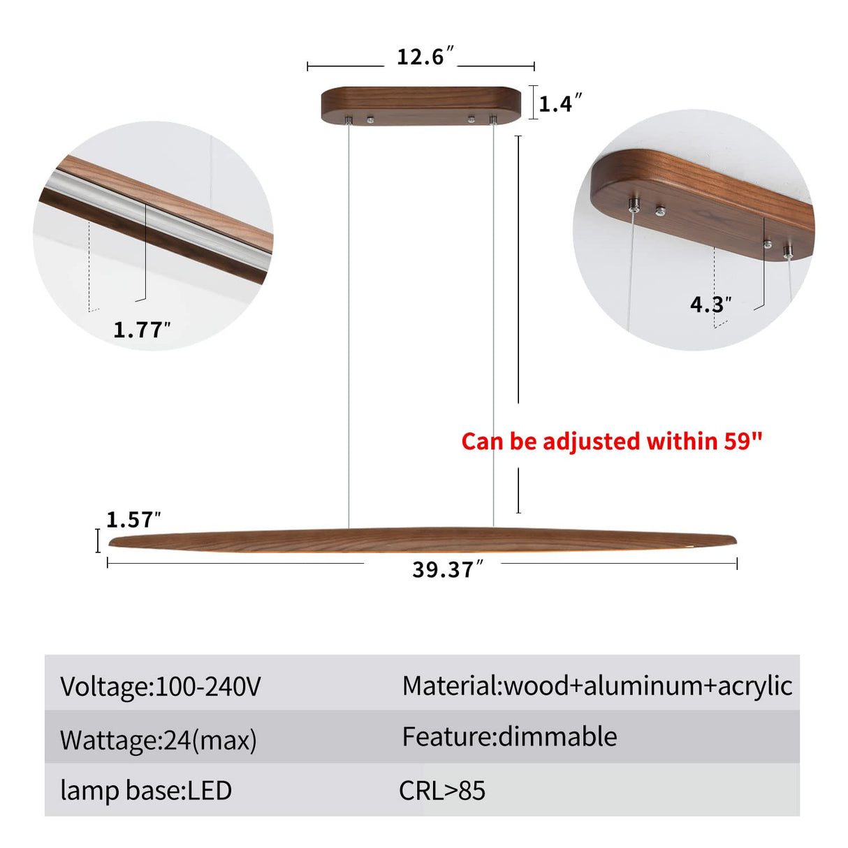 YISDESIGN 39" Wood Linear Pendant Light LED Dimmable Light Fixture Wood Linear Dinning Room Light Island Lights 24w for Dining Room Kitchen Island Pool Table Walnut Color YISDESIGN