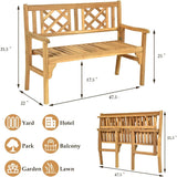 SPORFIT Rustic Garden Bench, Foldable Outdoor Bench with High Back & Armrest, 4 FT Acacia Wood Bench, 2-Person Loveseat Chair for Front Porch, Patio, Backyard & Park, Light Teak Finish SPORFIT