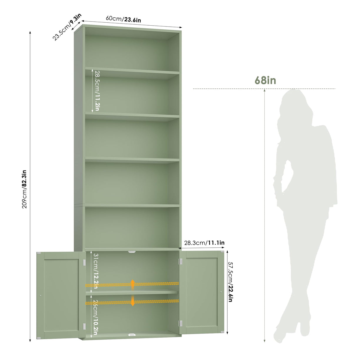 FACBOTALL 82" Tall Bookcase and Book Shelf, 24" Wide Bookshelf with Doors, 7 Tier Bookcase with Storage and Adjustable Shelf, Open and Display Farmhouse Bookshelf for Living Room, Home Office, Green FACBOTALL