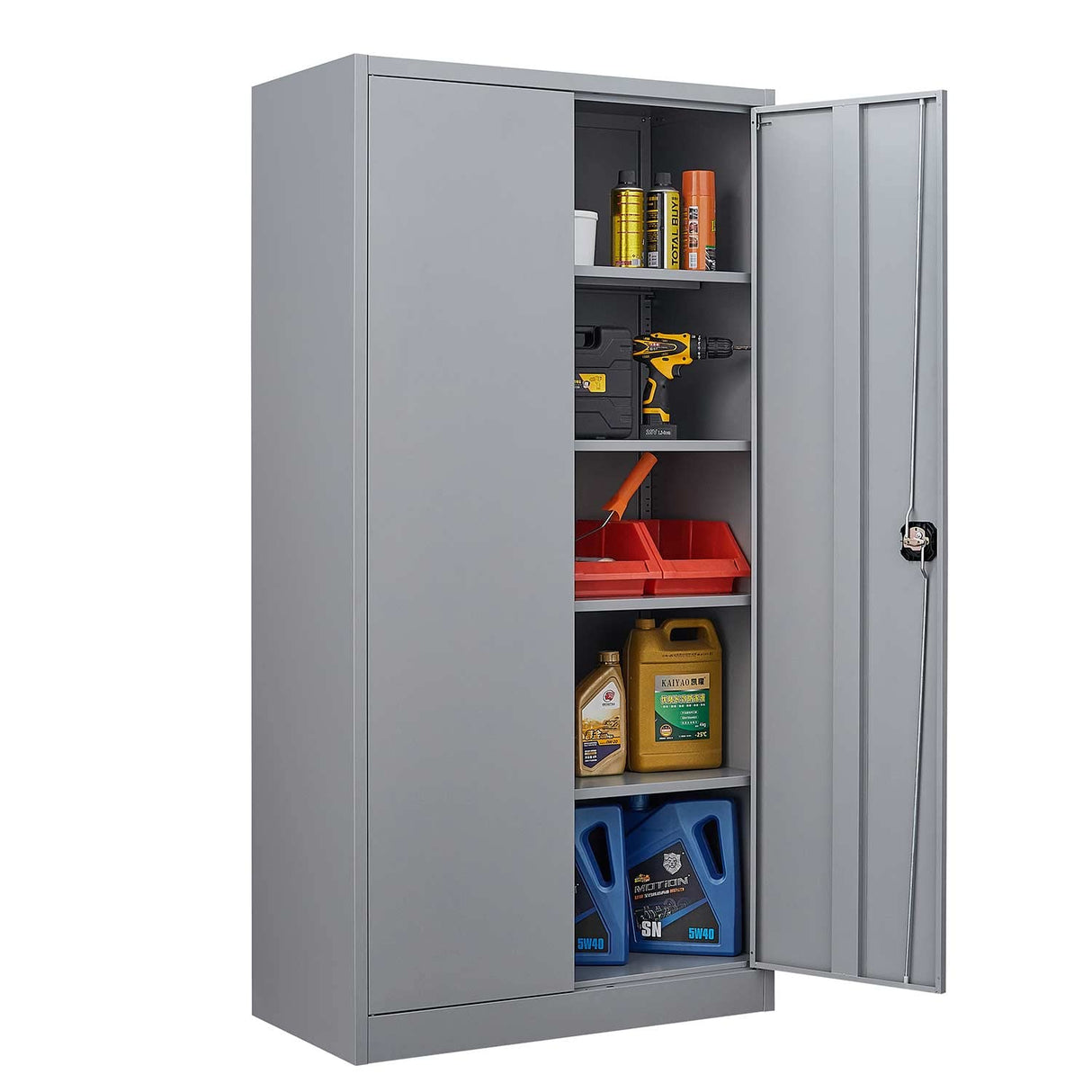 CNANXU Metal Garage Storage Cabinet - 72" Locking Metal Storage Cabinet with 2 Doors and Adjustable Shelves & Locking Doors - Garage Cabinets for Tool Storage - Grey CNANXU