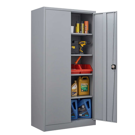 CNANXU Metal Garage Storage Cabinet - 72" Locking Metal Storage Cabinet with 2 Doors and Adjustable Shelves & Locking Doors - Garage Cabinets for Tool Storage - Grey CNANXU