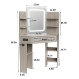 Makeup Vanity Desk, Corner Vanity with Large LED Mirror,Lots Open Shelves,Gray Vanity with Charging Station,Farmhouse Makeup Vanity Table with 3 Lighting Modes, Brightness Adjustable Maupvit