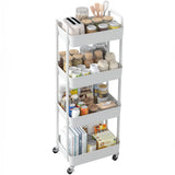 Sywhitta 4-Tier Plastic Rolling Utility Cart with Handle, Multi-Functional Storage Trolley for Office, Living Room, Kitchen, Movable Storage Organizer with Wheels, White Sywhitta