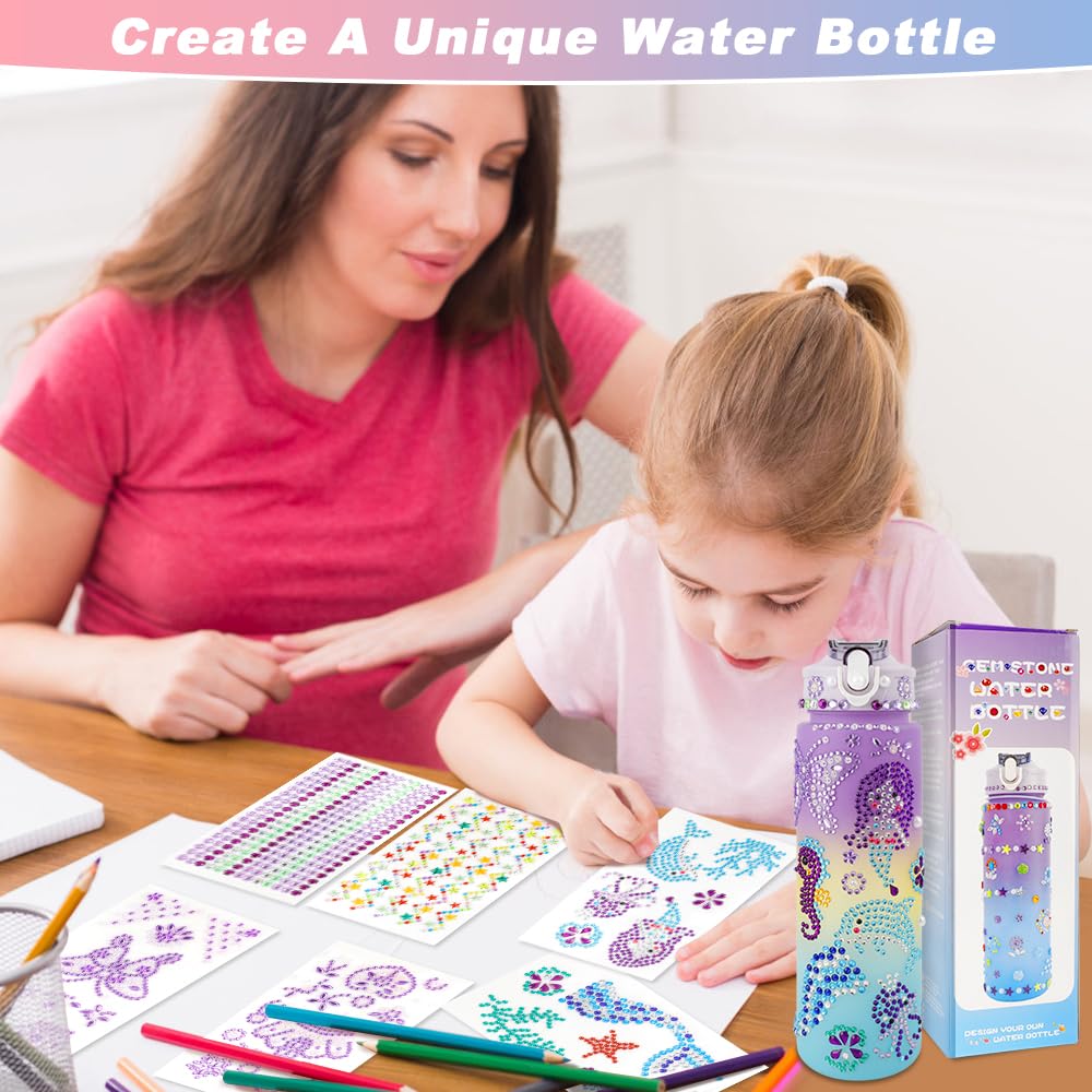 Decorate Your Own Water Bottle Kits for Girls, Gifts for Girls Age 4-12, Girl Water Bottle Fun Art Kits with Glitter Gems Stickers Arts and Crafts for Kids 4-6 DIY Water Bottle for Girl Birthday Gifts iRFKCIOW