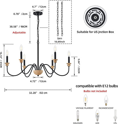 6-Light Wood Chandelier for Dining Room, Black Farmhouse Chandelier, Modern Light Fixtures Over Table, Rustic Candle Ceiling Chandelier for Living Room Bedroom Entryway Kitchen, 32.5" Diamete - WoodArtSupply